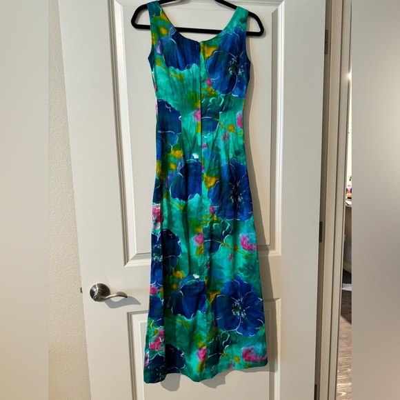 Vintage 60s Luahala Floral Hawaiian Dress Green Blue Tie Dye Fitted Small? EUC - Picture 2 of 3